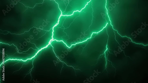 Abstract green lightning strike thunderstorm energy animation with glowing storm electricity in 4k high quality video