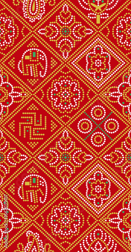 An ornate Bandhani textile exhibiting cultural artistry and traditional Indian design with a vibrant