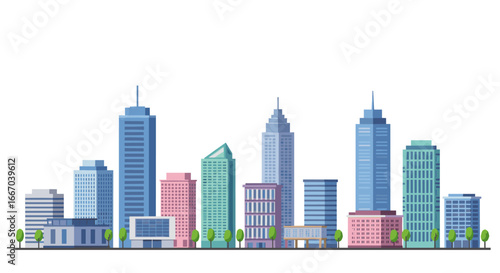 Modern cityscape with colorful skyscrapers in minimalistic style