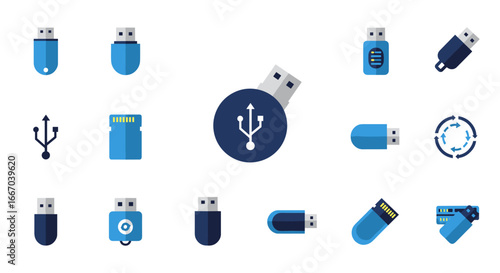 Modern flat design icons of usb drives and storage devices
