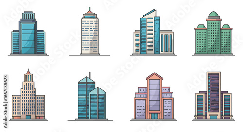 Diverse urban buildings set: modern architecture collection