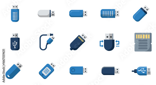 Modern usb drive icons collection: flash, cable, and storage devices in blue style