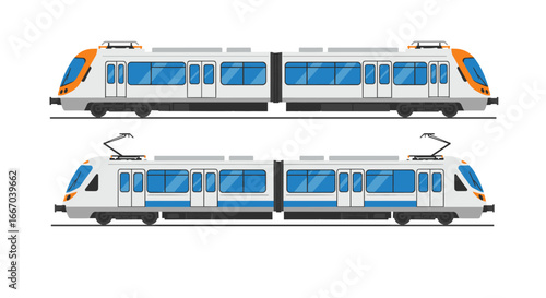 Modern electric train design with side view on white background