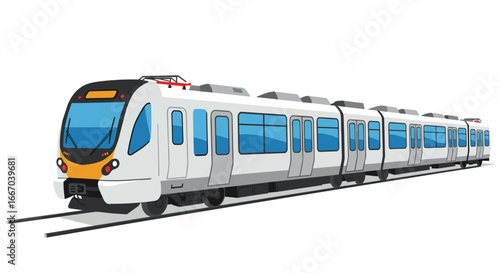 Modern commuter train design on railway track with blue windows