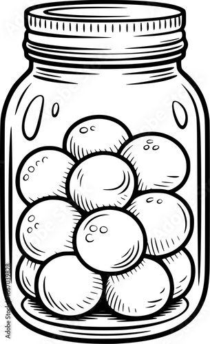 Black and White Illustration of a Glass Jar Filled with Round Objects preserve canning