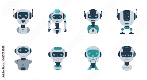 Collection of cute robot characters with flat design for technology-themed projects