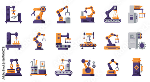 Industrial robotics collection featuring flat style robot arms and automation equipment