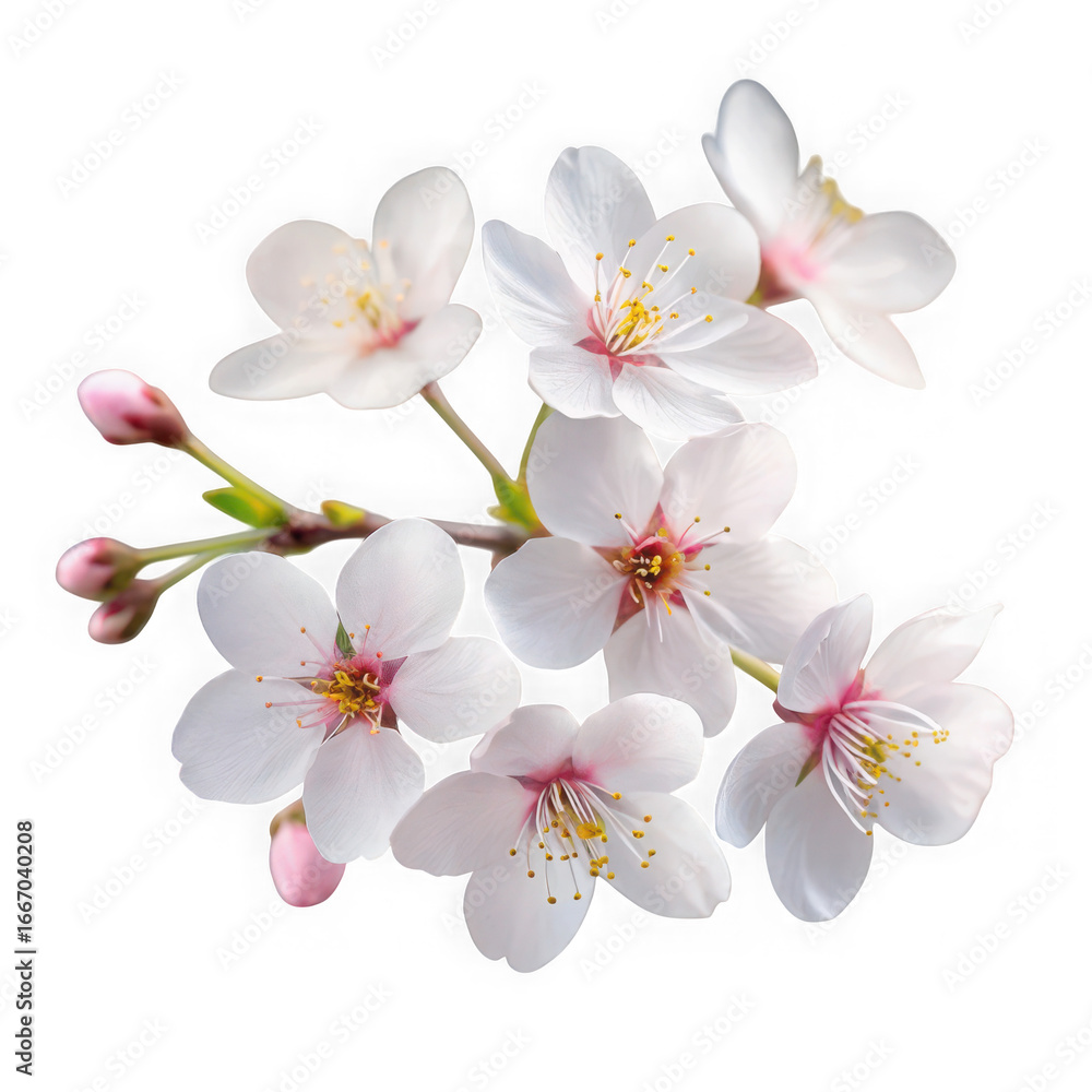 Delicate white cherry blossom flowers with pink centers bloom on a transparent background Delicate white cherry blossom flowers with pink centers bloom on a transparent background