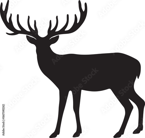 Black silhouette of a stag with large antlers standing on a white background deer