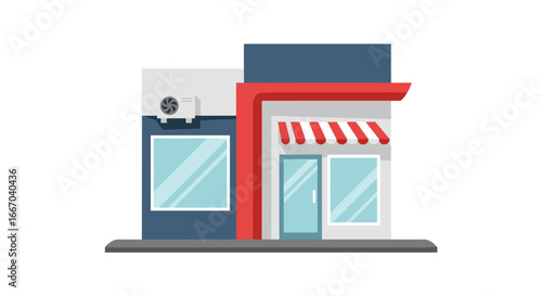 Modern flat style small storefront with red striped awning and air condition unit