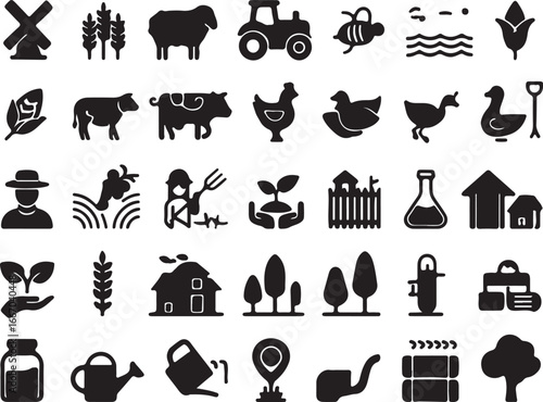 Collection of farm and agriculture related icons in black silhouette windmill wheat