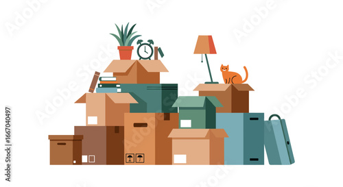 Home moving essentials with boxes and decor in flat design style