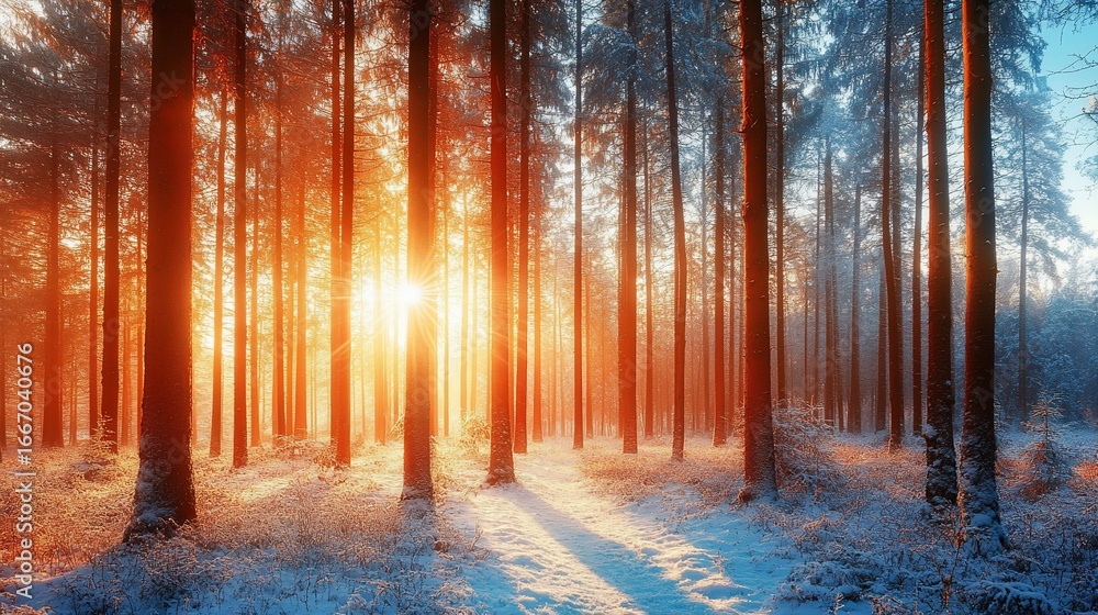Naklejka premium Sunlight streams through snow-covered forest trees, casting warm glow, creating a winter scene