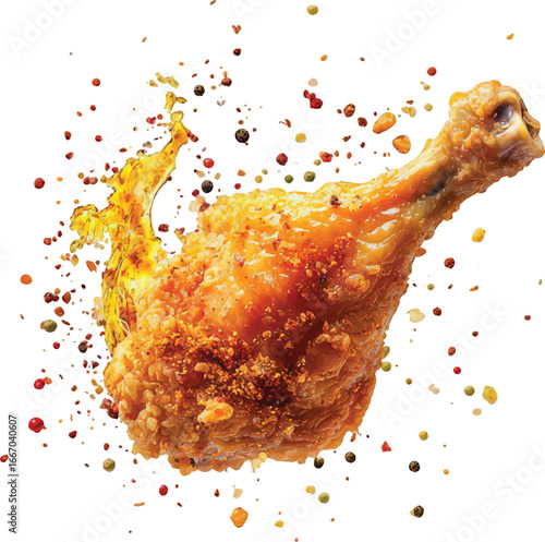Crispy Fried Chicken Drumstick with Colorful Spice Splash and Pepper Flakes food cooking