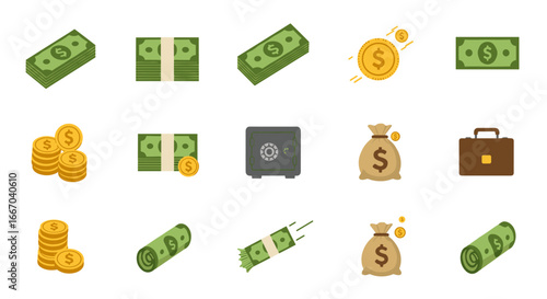 Financial growth icon set featuring money, coins, and safe