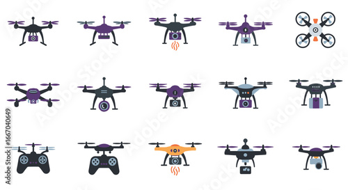 Variety of colorful drone icons featuring different designs and remote controls