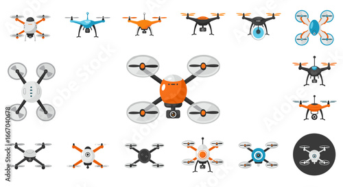 Colorful drone icons set with various designs and styles for technology concepts