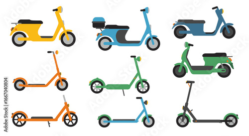 Colorful set of modern scooters and mopeds in minimalist flat design
