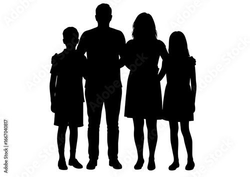 Family silhouette of four standing together against a husband, wife and two children, a boy and a girl
