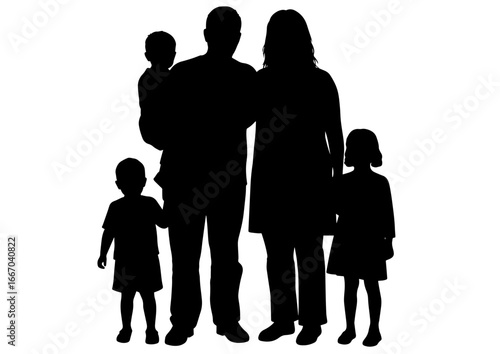 Silhouette of a family standing together with children husband, wife and three children