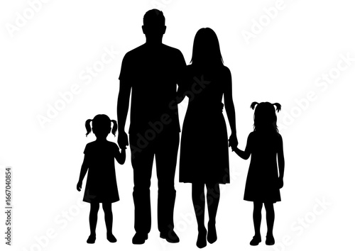 Family silhouette holding hands together against husband, wife and two daughters