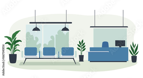 Modern office lobby with minimalist reception desk and indoor plants