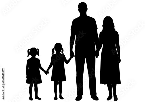 Family silhouette holding hands together husband, wife and two daughters