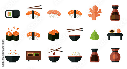 Japanese cuisine icons set: sushi, sashimi, soy sauce, and wasabi elements