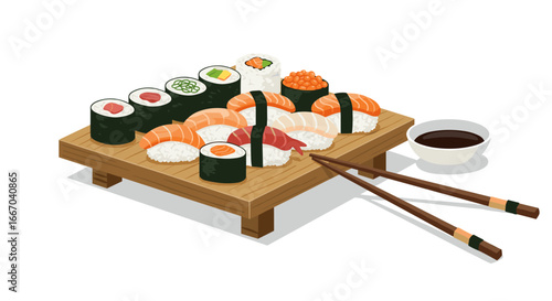 Isometric sushi platter with chopsticks on wooden serving board