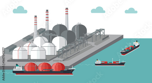 Flat industrial port scene with cargo ships and storage tanks