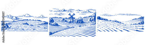 Rustic meadow hand drawn village landscape illustrations with fields and windmill. Beautiful scentic view for milk, cheese farm products. Eco food.