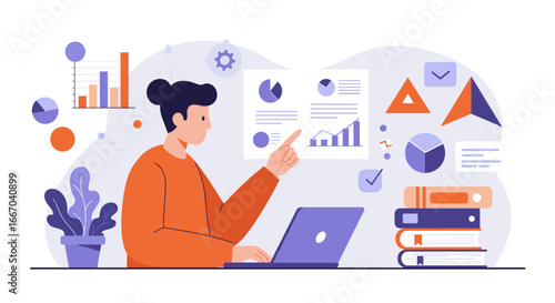 Business analytics with laptop and graphs in modern flat design