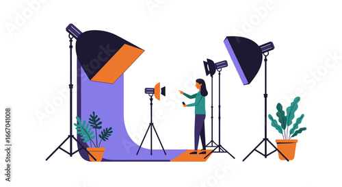 Professional photography studio setup with lighting equipment and backdrop
