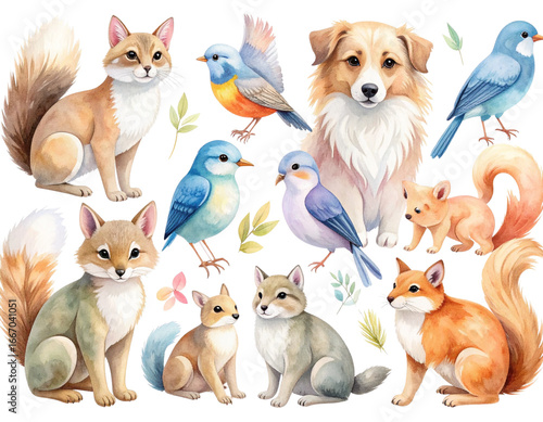 Cute Flat Style Animal Clipart Set with Smiling Forest Animals, Transparent Background