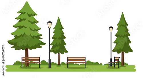 Peaceful park with benches and street lamps surrounded by pine trees on a clear day