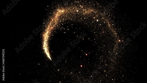 Golden Star Trail Flying Around with Twinkling Particles Floating in the Air. Gold Dust Glowing Bokeh Moving on Black Background Magical Style 3d Animation. Christmas Design Element Overlay Screen 4k.