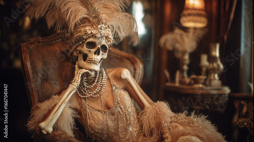 A skeleton in a dazzling flapper dress with a feather headpiece
