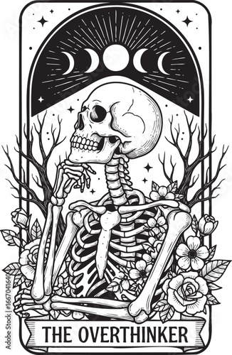 The Overthinker Skeleton Sitting Under Moon Phases in Gothic Style