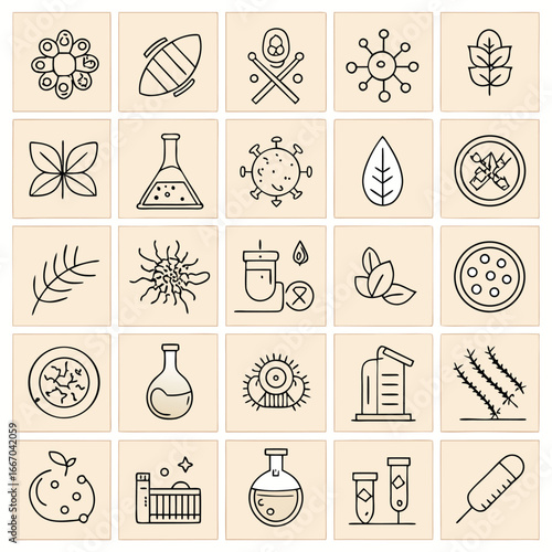 Collection of twenty simple hand drawn scientific icons