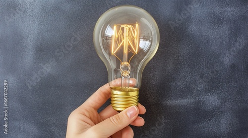 Hand holding illuminated incandescent bulb against black chalkboard, representing idea or concept