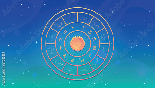 Zodiac wheel with constellations on blue gradient space background, horoscope twelve astrological symbols in circle