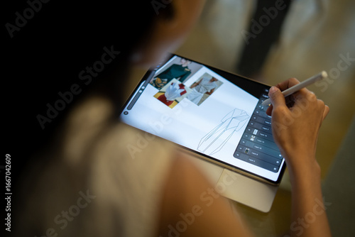 Close-up of a fashion designer sketching clothes on a digital tablet with stylus, creating modern dress design using digital drawing software.