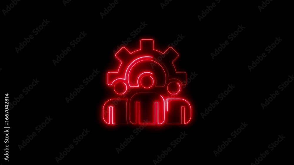 Obraz premium Glowing red neon teamwork icon representing collaboration and process in dark background