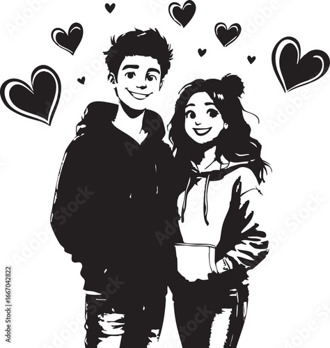 Black and white vector illustration of a young, happy couple with hearts floating around them, symbolizing love and affection.

