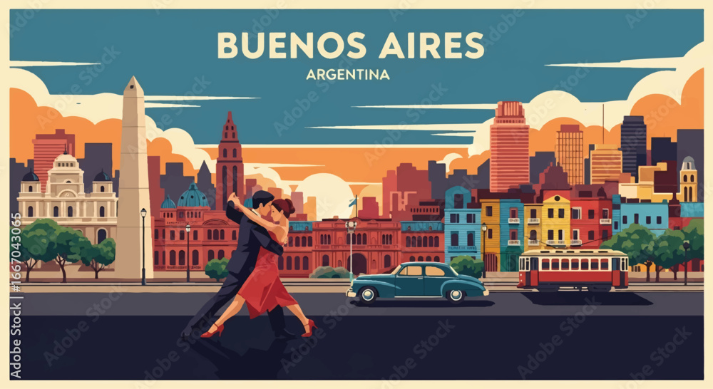 Colorful vector illustration of Buenos Aires skyline with Obelisk, Casa Rosada, historic architecture, tango dancers, and vintage car, perfect for travel posters, tourism campaigns, and Argentine city