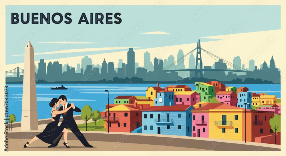 Colorful vector illustration of Buenos Aires skyline with Obelisk, Casa Rosada, historic architecture, tango dancers, and vintage car, perfect for travel posters, tourism campaigns, and Argentine city