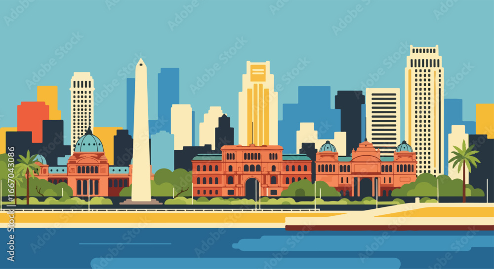 Colorful vector illustration of Buenos Aires skyline with Obelisk, Casa Rosada, historic architecture, tango dancers, and vintage car, perfect for travel posters, tourism campaigns, and Argentine city