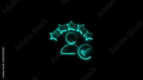 Glowing neon customer experience icon with five stars and checkmark on black background