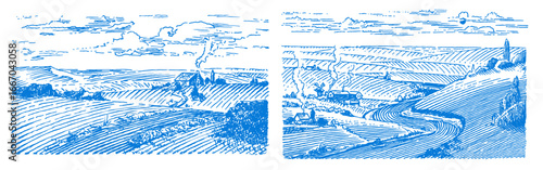 Rustic meadow hand drawn village landscape illustration with fields. Beautiful scentic view for milk, cheese farm products. Eco food.