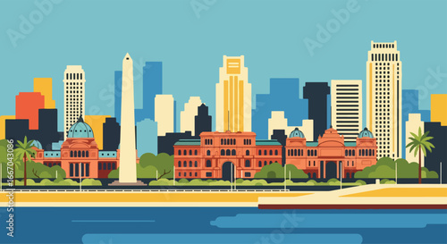 Colorful vector illustration of Buenos Aires skyline with Obelisk, Casa Rosada, historic architecture, tango dancers, and vintage car, perfect for travel posters, tourism campaigns, and Argentine city